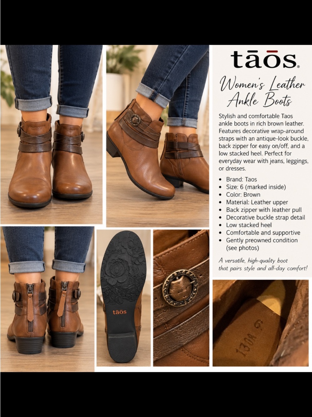 Taos Footwear Brown Leather Wrap-Strap Ankle Booties size 6